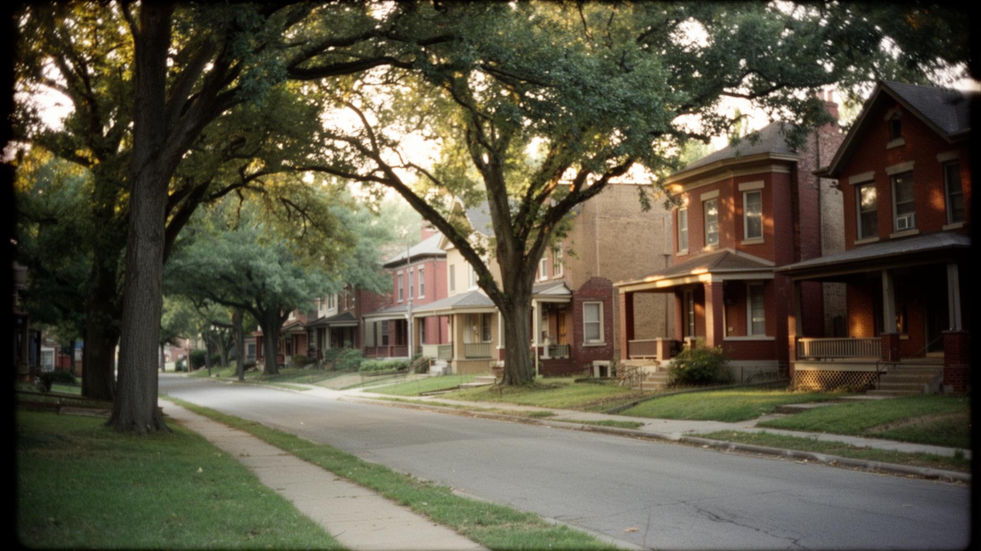 A Brookside residential street with mature tree canopy arching over old brick and clapboard homes with deep porches