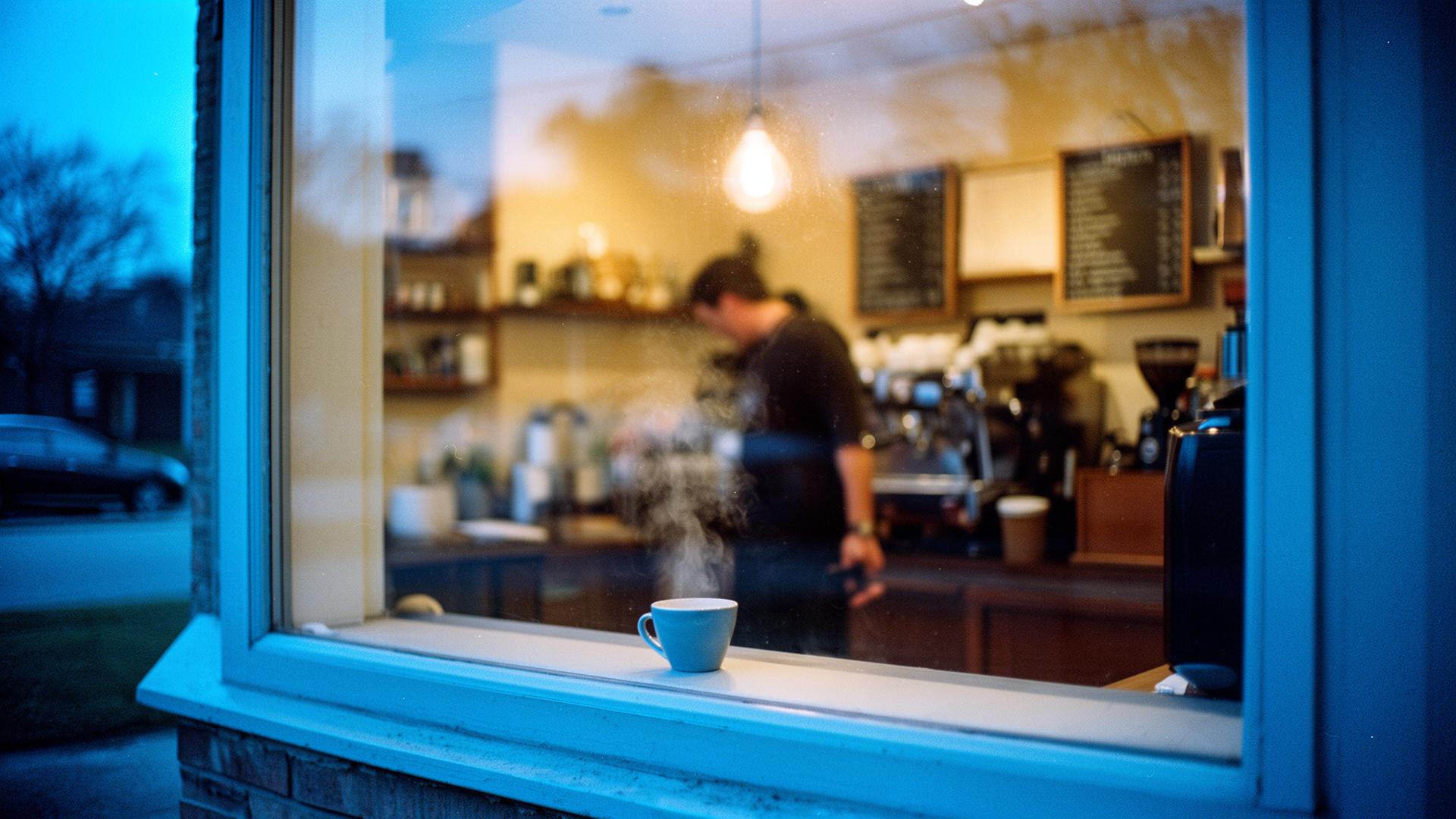 A small coffee shop window in Brookside at early morning, steam rising from a cup on the windowsill