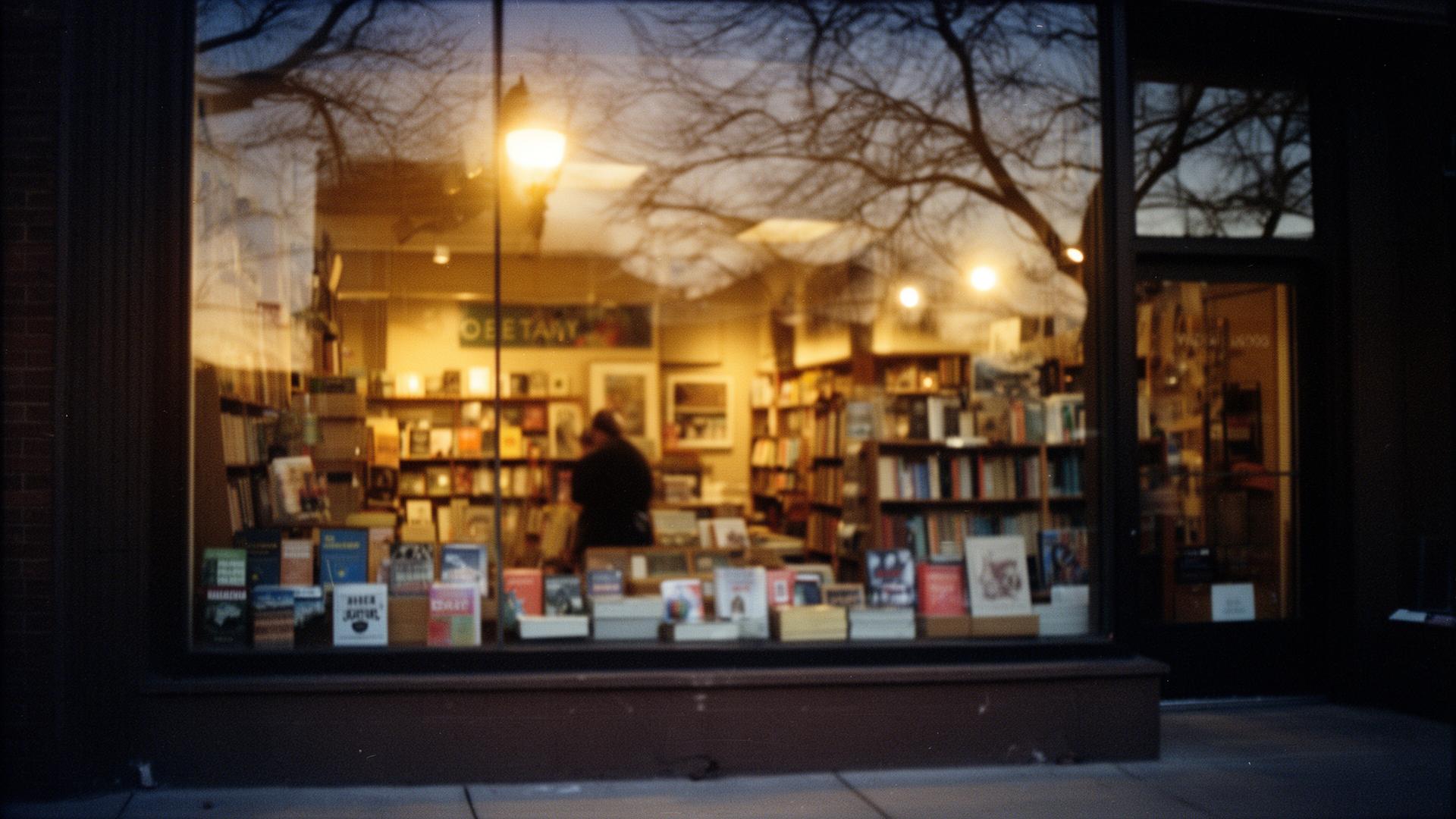 A Brookside independent bookstore window at dusk, warm interior lighting, one person browsing softly out of focus