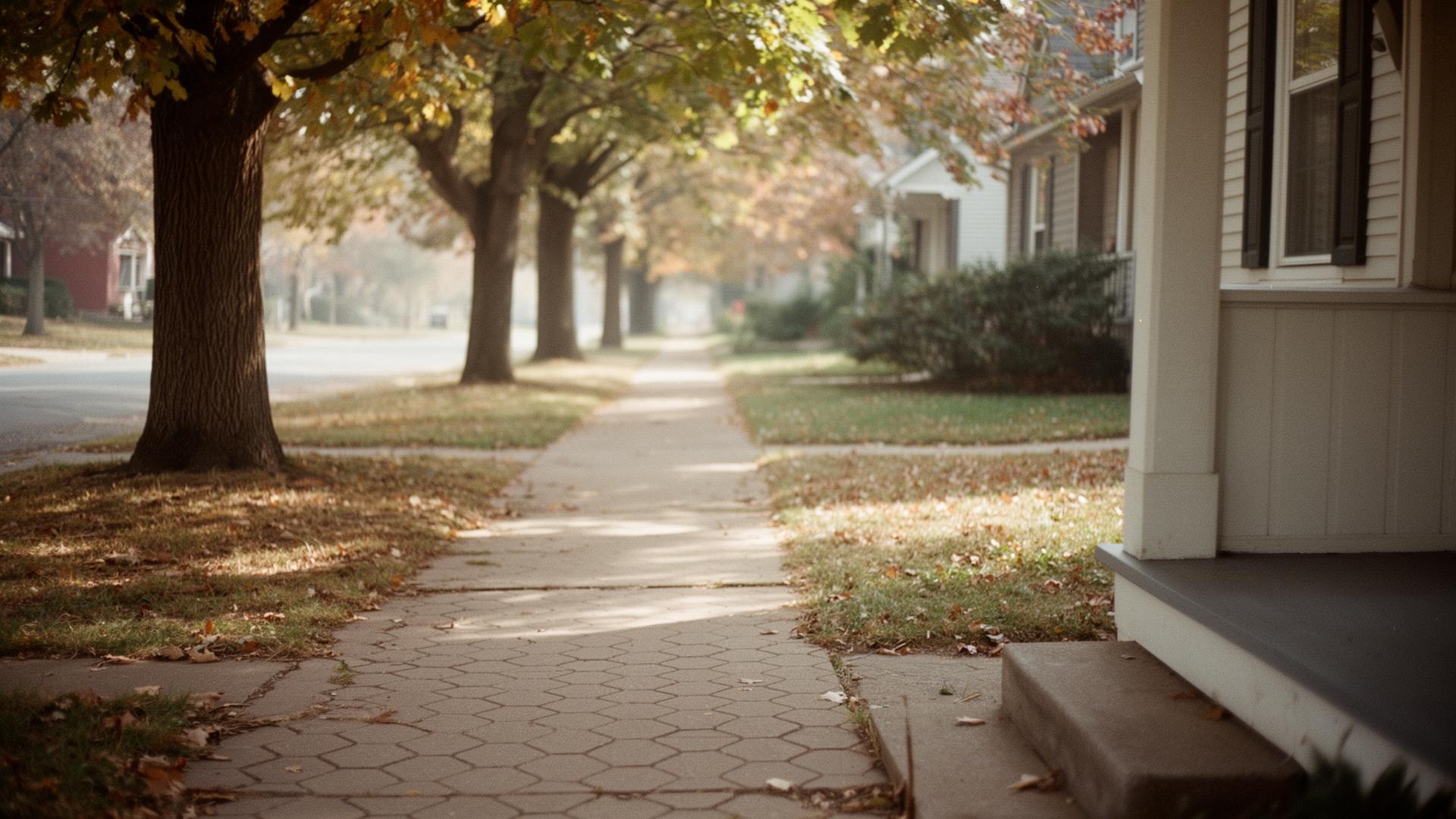 A tree-lined Kansas City sidewalk on an ordinary weekday morning