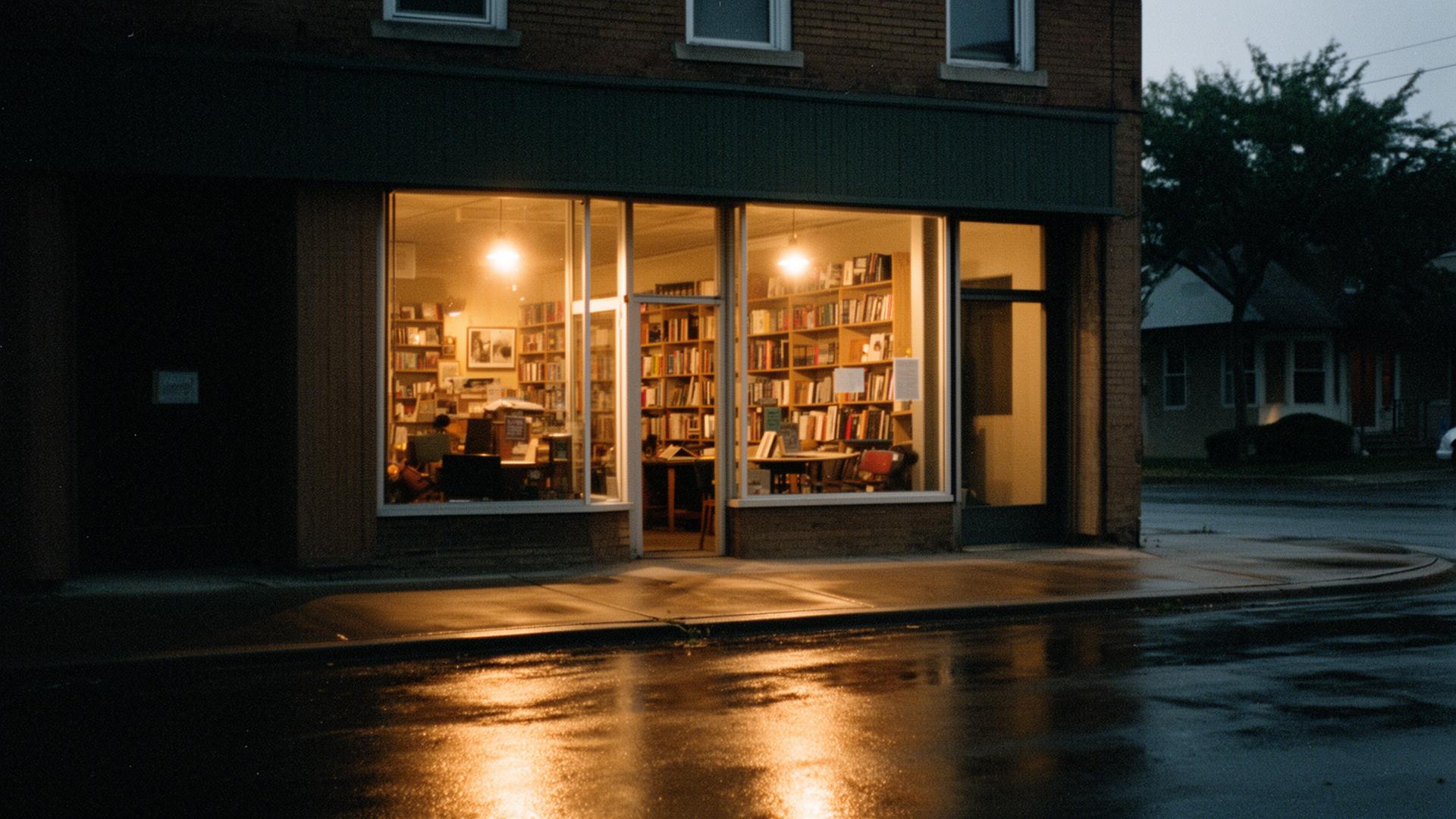 Brookside-style storefront at dusk with café glow and wet pavement