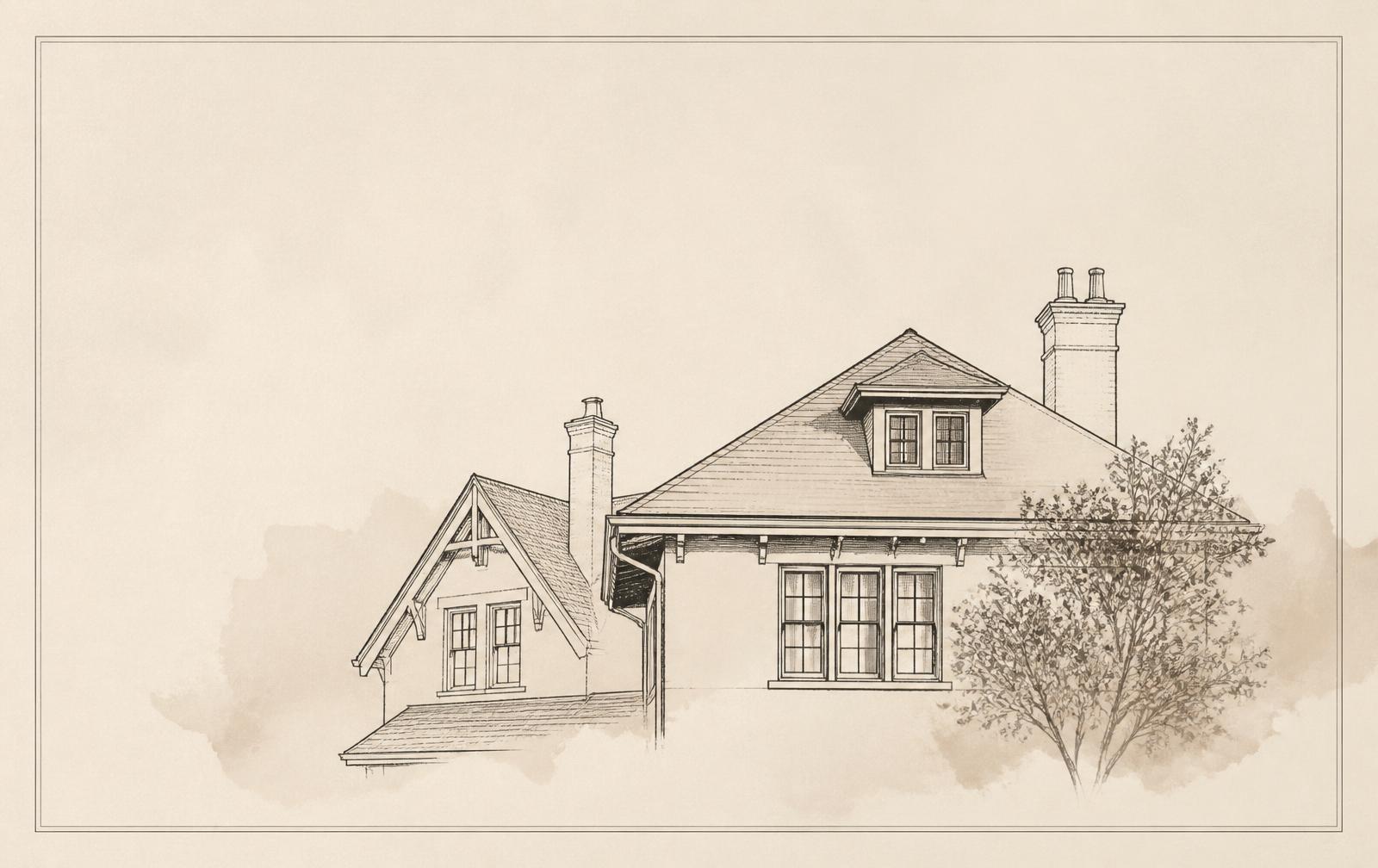 Editorial line illustration of a Kansas City bungalow on a warm ivory ground