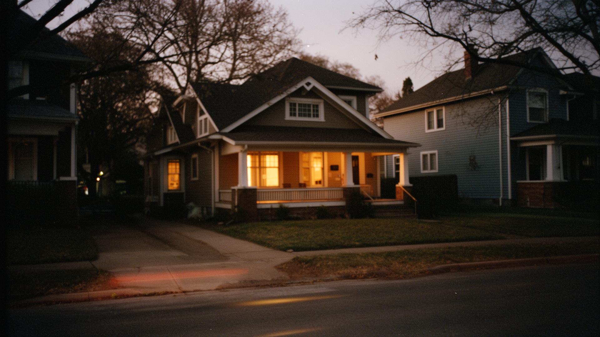 Quiet Kansas City residential street at dusk with warm window light