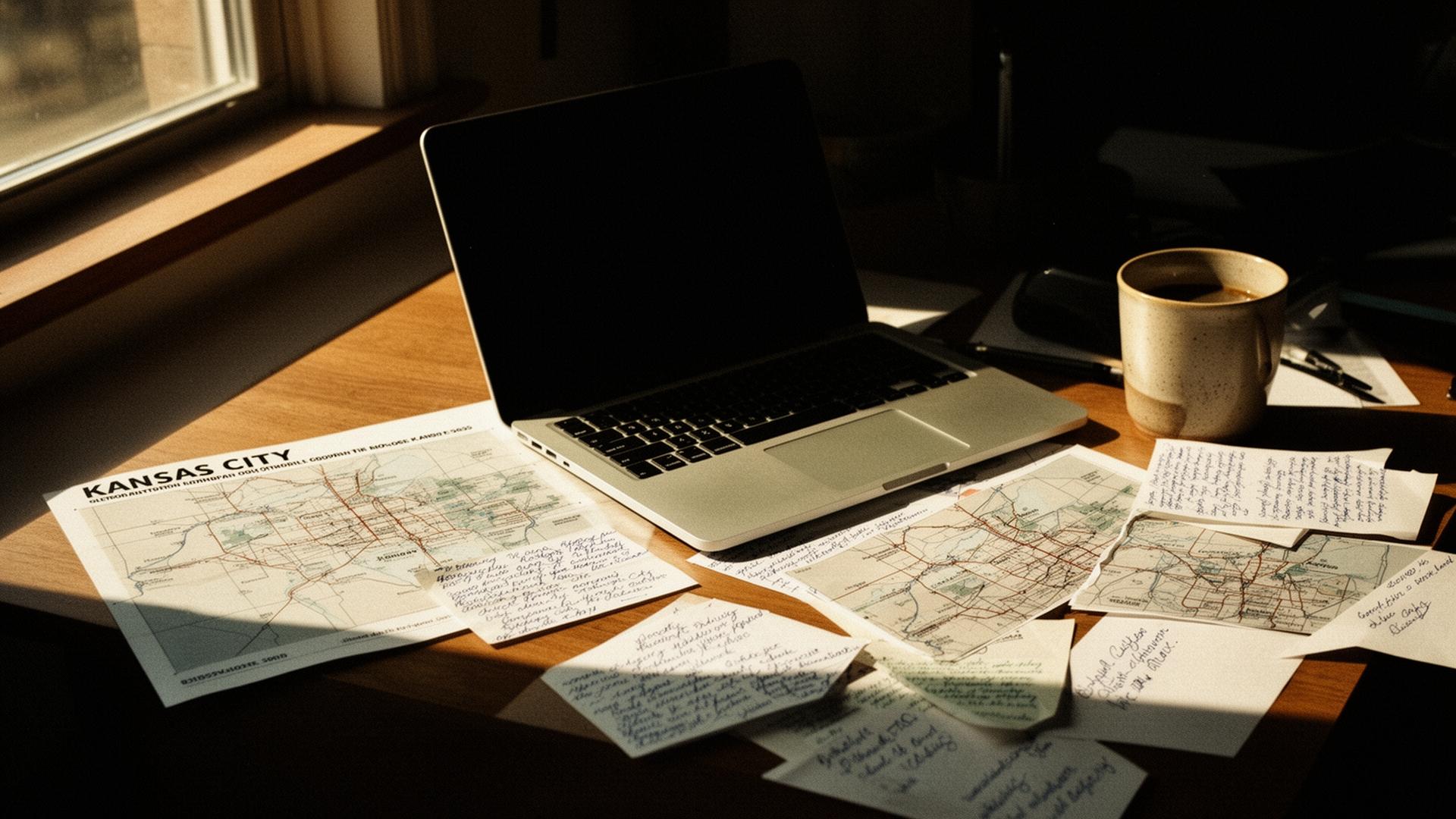 Editorial desk with laptop, coffee, and Kansas City map fragments